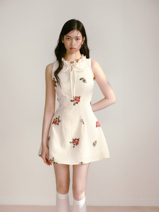 Beige 3D Flower Embroidered Sleeveless Dress with Lace-up Ruffles and Slim Waist Vest Dress R5135