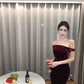 Off-shoulder sleeveless dress velvet banquet temperament fishtail dress skirt R1448