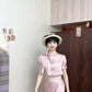 Wear a gentle and elegant pink polka dot long-sleeved shirt and skirt two-piece suit R0897