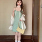Green suspender dress holiday waist a-line short skirt beautiful skirt R0899
