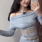 Summer beautiful vacation gentle style blue one shoulder top a line skirt two piece set R0898