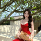 Retro red suspender dress 2025 new holiday style temperament figure waist hip skirt R0722