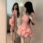 Sweet and sexy suspender skirt miniskirt petal edge slim fit pink miniskirt R3629