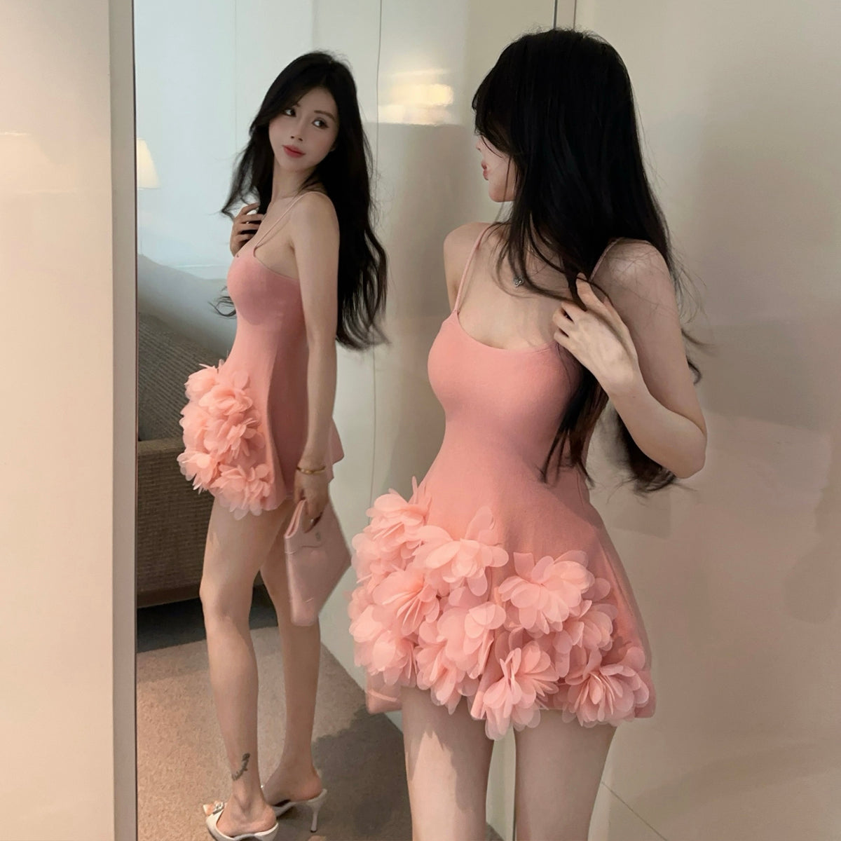 Sweet and sexy suspender skirt miniskirt petal edge slim fit pink miniskirt R3629