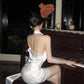 Acetate satin sexy backless halter neck white dress design slim fit temperament hip skirt R1771