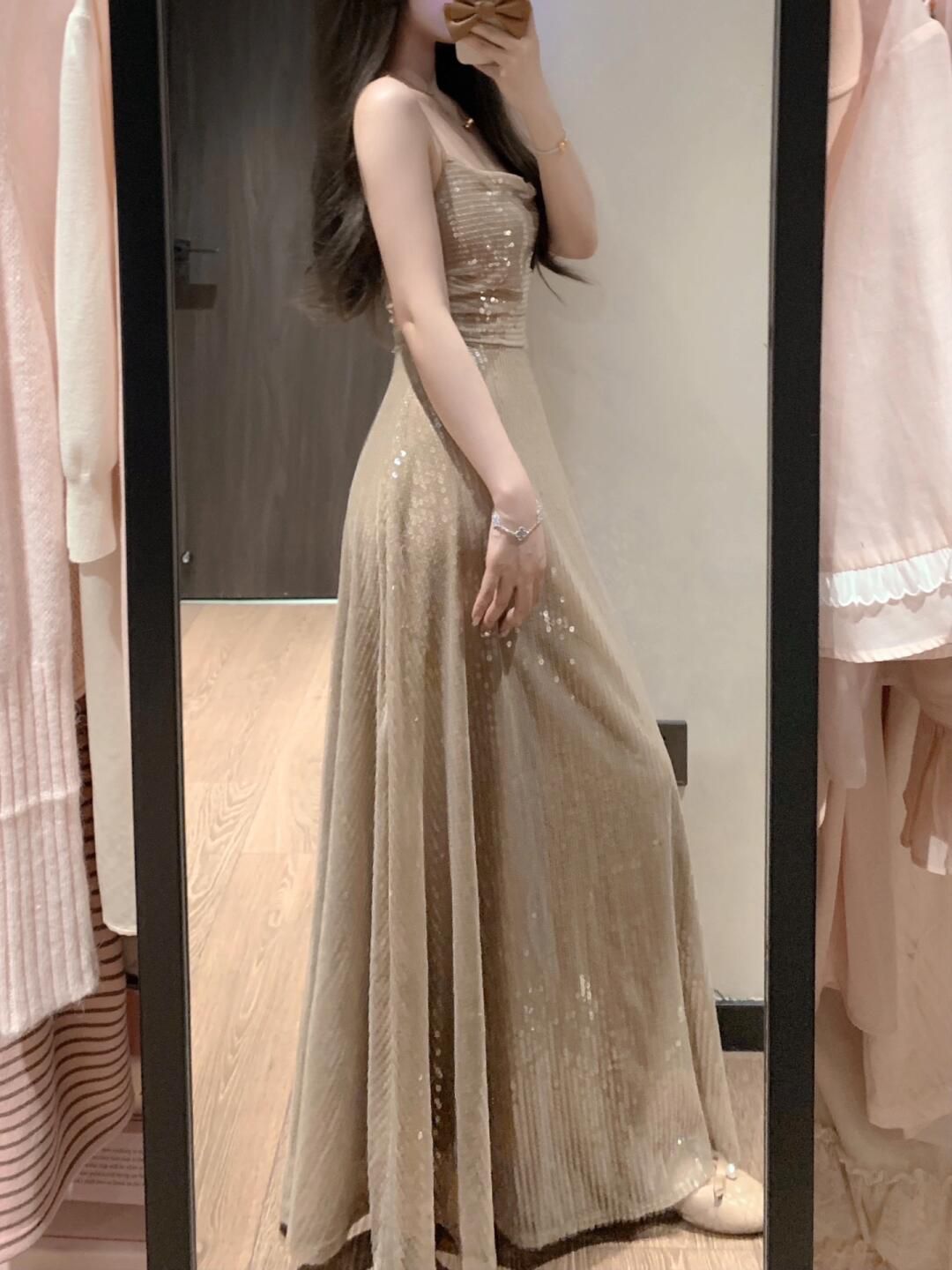 Sequined suspender dress 2025 new style small dress niche temperament long dress R0732