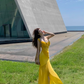 Beach vacation photo beach dress yellow V-neck mesh pleated irregular suspender dress R0210