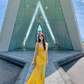 Beach vacation photo beach dress yellow V-neck mesh pleated irregular suspender dress R0210