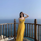 French holiday style yellow suspender dress sexy backless long dress at the seaside R0212