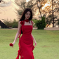 French style beautiful irregular ruffled red suspender dress sexy slit seaside holiday long dress R0213