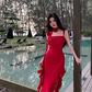 French style beautiful irregular ruffled red suspender dress sexy slit seaside holiday long dress R0213