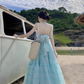 French style mint green halter neck suspender dress Sanya seaside holiday backless fairy long dress R0214