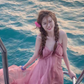 French pink holiday style backless halter neck suspender dress seaside beach long dress R0215