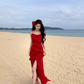 Bright red white suspender dress for women with ruffled slits for travel and holiday R0216