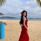 Bright red white suspender dress for women with ruffled slits for travel and holiday R0216