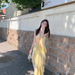 French style seaside holiday long dress with drape and yellow gradient print v-neck suspender dress R0220