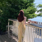 French style seaside holiday long dress with drape and yellow gradient print v-neck suspender dress R0220