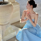 French sexy backless strap blue suspender dress atmosphere seaside holiday long dress R0221