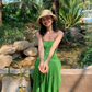 Green waist sexy tube top knitted long skirt white high-end seaside holiday dress R0228