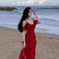 French retro beautiful red suspender dress ruffled seaside holiday dress R0230