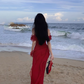French retro beautiful red suspender dress ruffled seaside holiday dress R0230