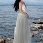 French style beautiful white chiffon suspender dress sexy backless seaside holiday dress R0231
