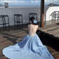 Super fairy blue pure desire holiday style backless dress with large skirt and suspenders R0232