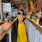 Sexy hottie on vacation at the seaside wears a full set of dopamine waist-baring two-piece suit R0234