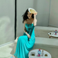 Lake blue pure sexy tube top dress temperament waist slimming seaside holiday long dress R0235