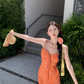 French chiffon floral dress waist-hugging white orange suspender dress seaside holiday long dress R0239