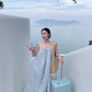 French pleated backless blue suspender dress temperament loose seaside holiday long skirt R0240