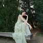 French style green v-neck suspender dress seaside holiday pure sexy backless long dress R0241