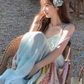 Beach vacation V-neck halter dress gentle temperament waist A-line long skirt R0244