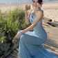 Gentle holiday style backless halter neck long skirt three-dimensional flower tail dress dress R0245