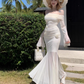French style gentle white one-shoulder long-sleeved dress waist-hugging hip mesh long skirt R0246