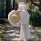 French style gentle white one-shoulder long-sleeved dress waist-hugging hip mesh long skirt R0246