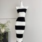 Fashion new black and white knitted striped long one-shoulder waisted hip-wrapped tube top dress R0267