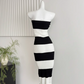 Fashion new black and white knitted striped long one-shoulder waisted hip-wrapped tube top dress R0267