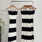 Fashion new black and white knitted striped long one-shoulder waisted hip-wrapped tube top dress R0267