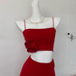 2025 summer new beach short sleeveless red flower suspender top sexy hip skirt suit for women R0270