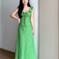 2025 Spring and Summer New V-neck suspender dress French style green floral ruffle dress R0274