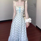 Blue floral dress gentle temperament beautiful summer skirt R0762