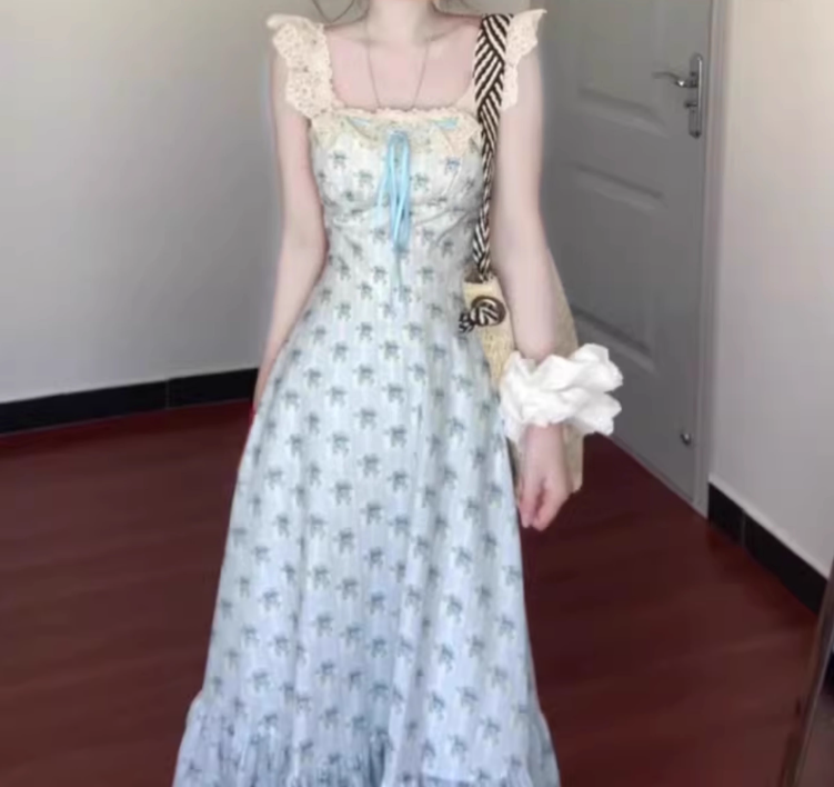 Blue floral dress gentle temperament beautiful summer skirt R0762