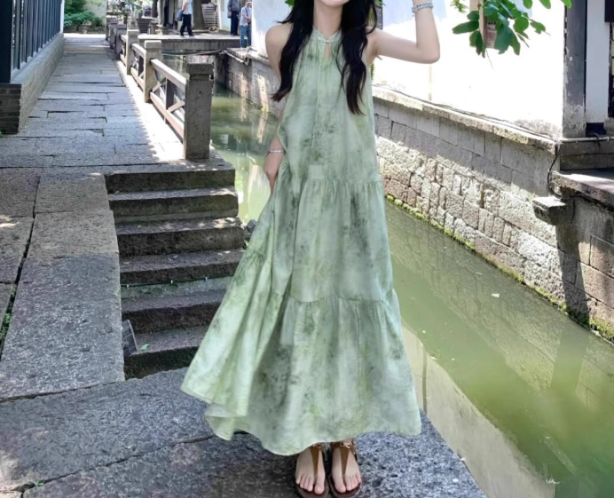 Ink painting halter neck dress seaside holiday style retro cool temperament skirt R0765