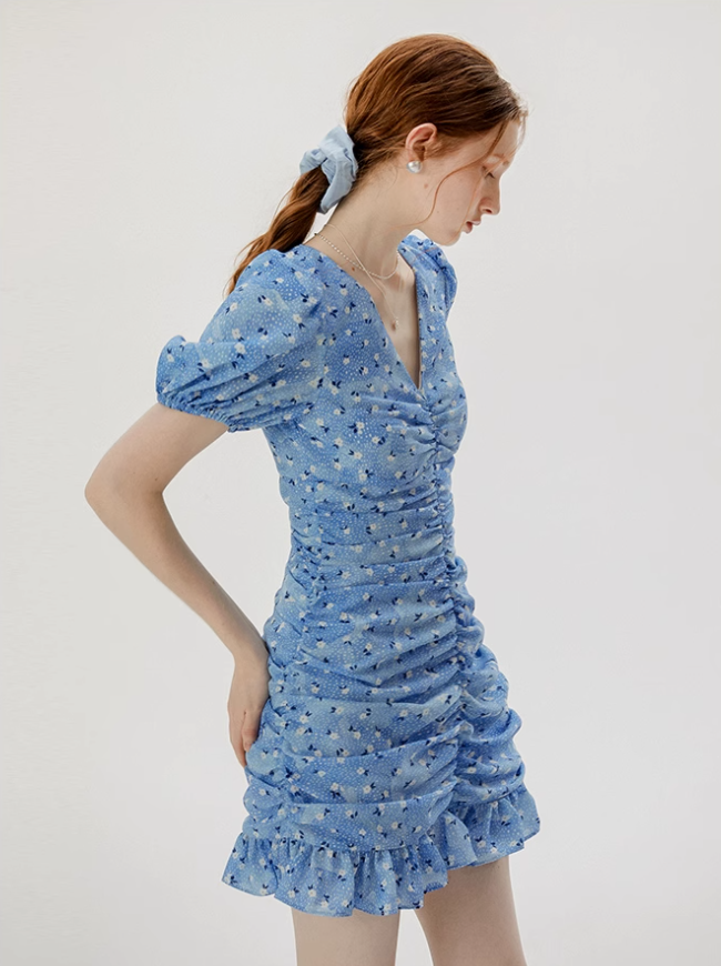 Short hip skirt summer French floral skirt blue petite pleated dress female summer R3484