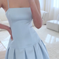 Light blue suspenders waist slimming A-line pleated short skirt homecoming dress R3985