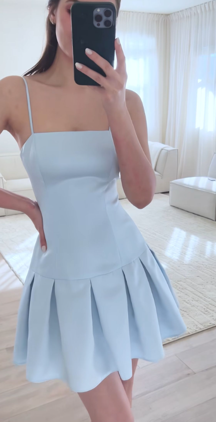 Light blue suspenders waist slimming A-line pleated short skirt homecoming dress R3985