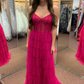 Fuchsia Beaded Layers Spaghetti Straps Long Prom Dress     S5140