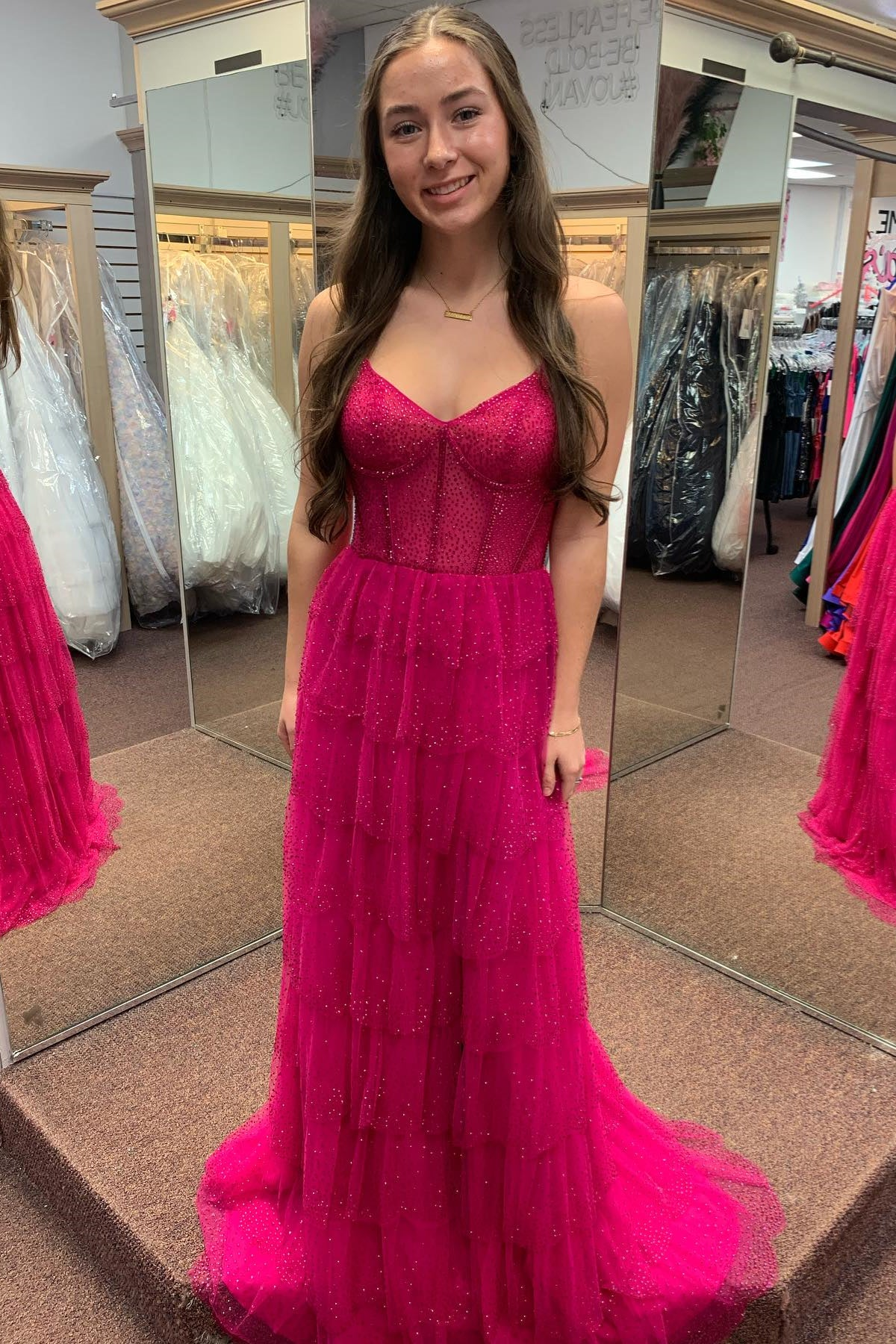 Fuchsia Beaded Layers Spaghetti Straps Long Prom Dress     S5140