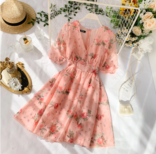 French Floral V Neck Summer Chiffon Dress    S4445